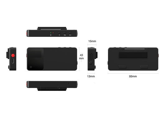 R9 Smart Wearable Badge Recorder black compact body camera with dimensions and side buttons view