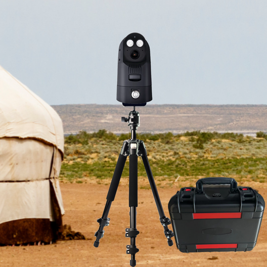 SentriCam 4G rapid deployment CCTV camera on tripod with carrying case in outdoor setting