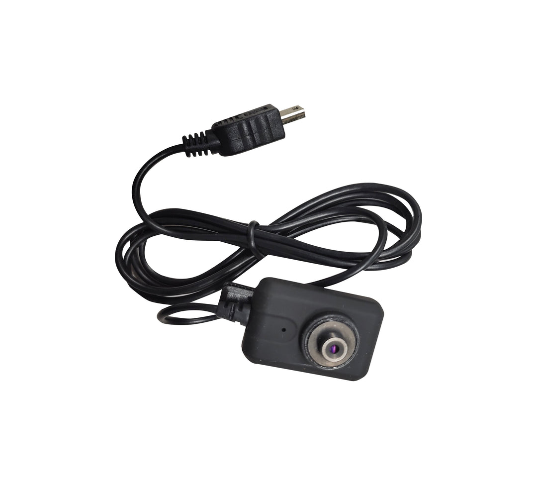 Compact black Visor Cam with attached cable and connector plug isolated on white background