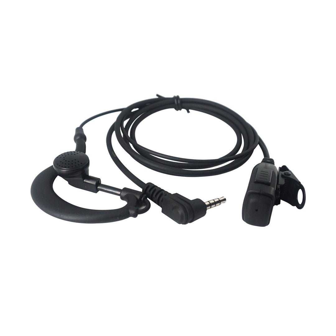 USB PTT headset with ear hook and push-to-talk button connected by cable with 3.5mm jack