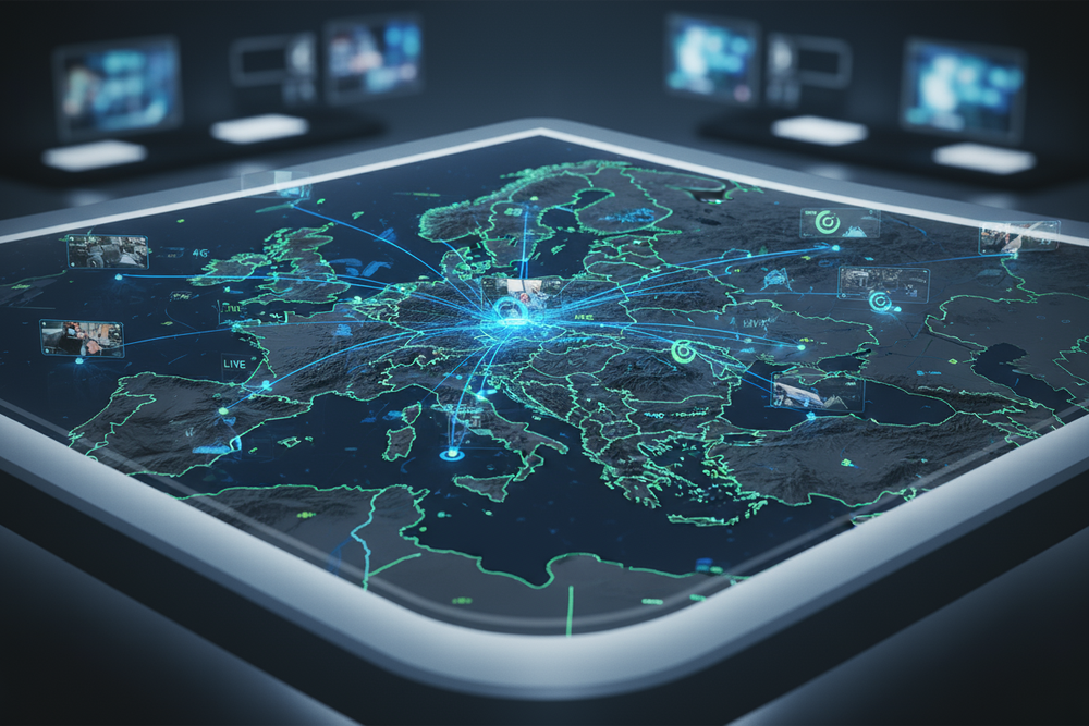 Map of Central Europe, no country names showing 4g live video stream from body worn cameras